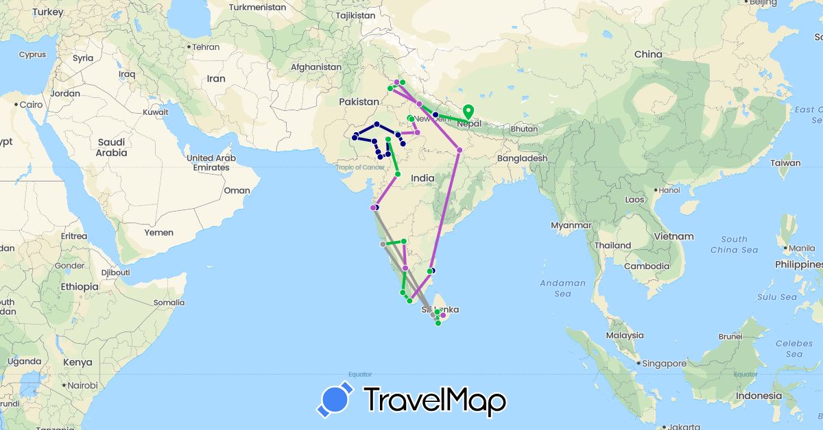 TravelMap itinerary: driving, bus, plane, train in India, Sri Lanka, Nepal (Asia)